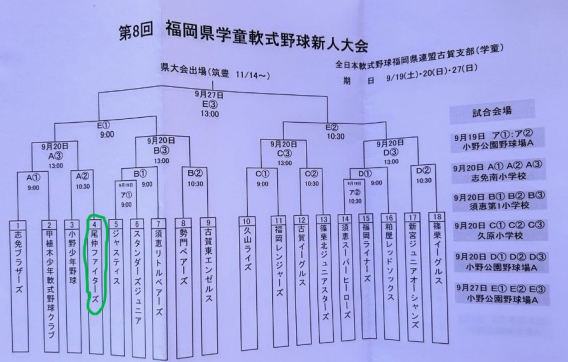 2026年9月19日（土）第8回福岡県学童軟式野球新人大会　古賀支部予選